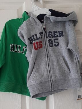 Tommy Hilfiger 3T Gray Zip Hoodie and Green 1/4 Zip Pullover